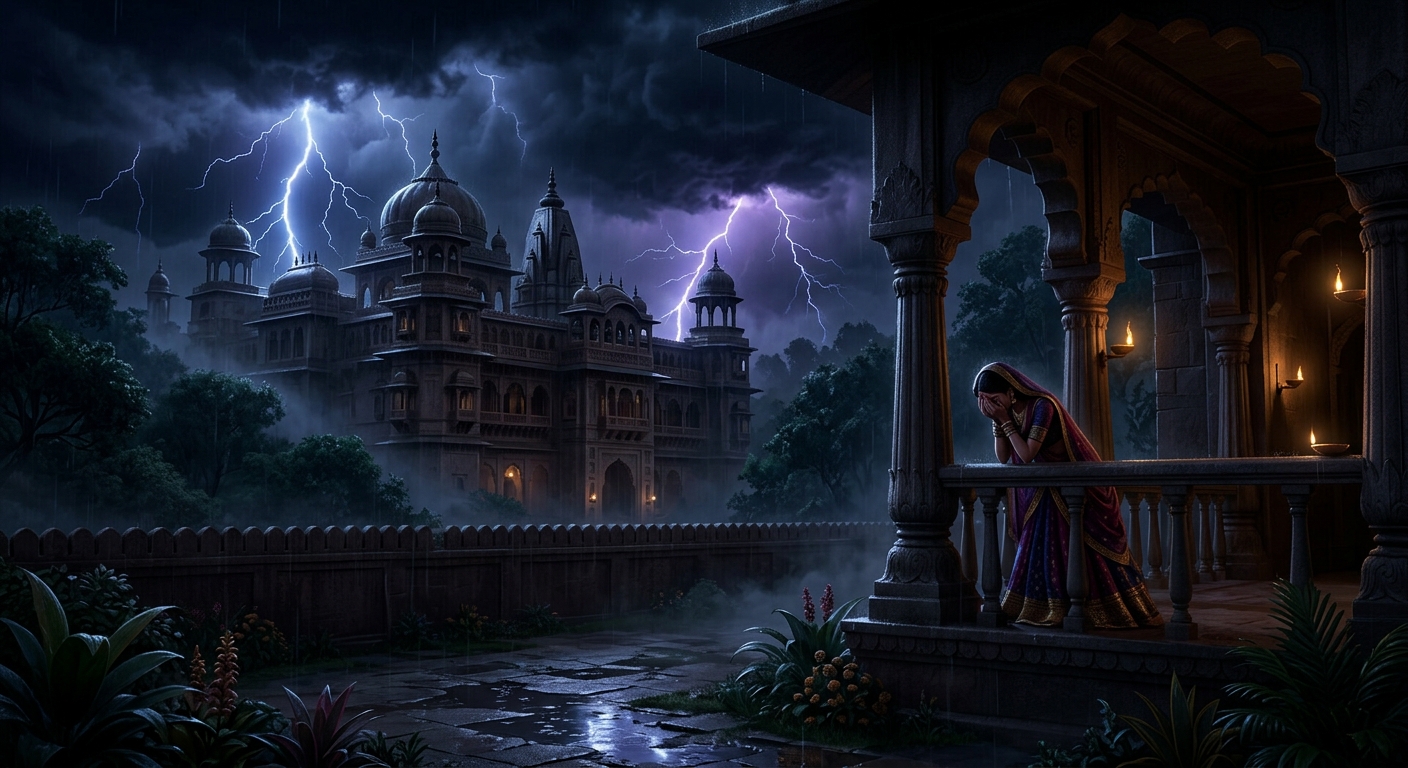 Pitch-black midnight storm over Shobhavati with lightning as a weeping voice echoes