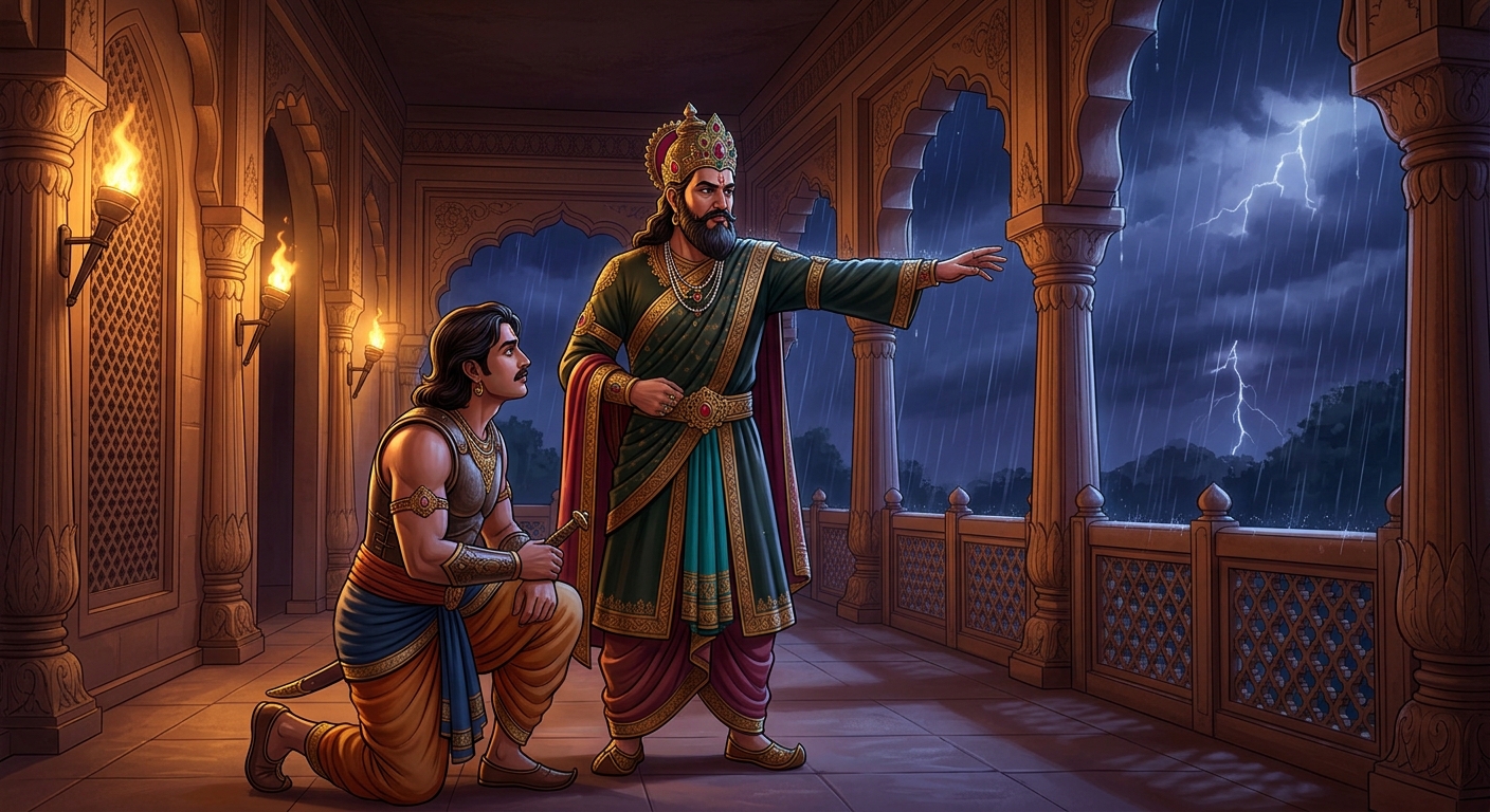 King Shudraka commanding Veervara on the balcony to find the weeping voice