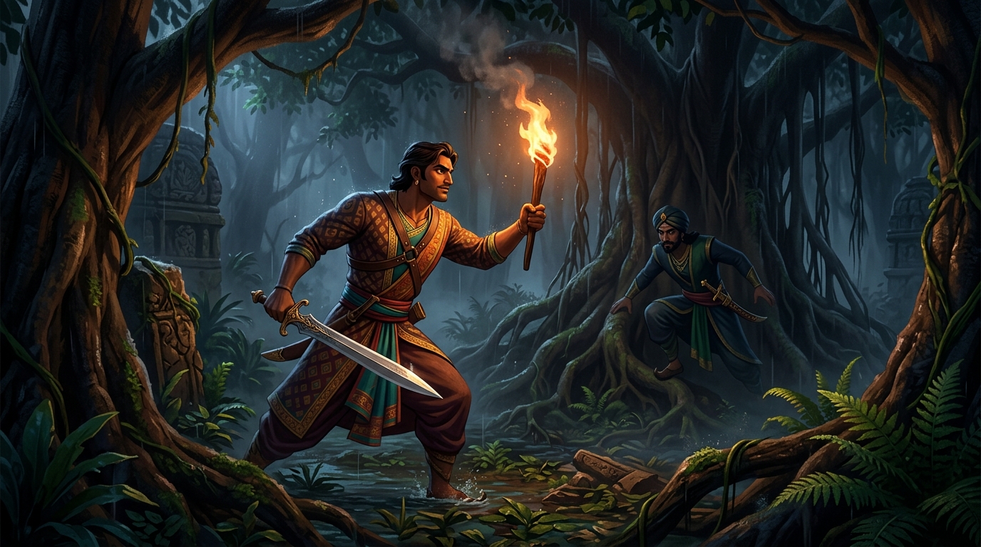Veervara marching into dark drenched forest while King Shudraka stalks silently behind