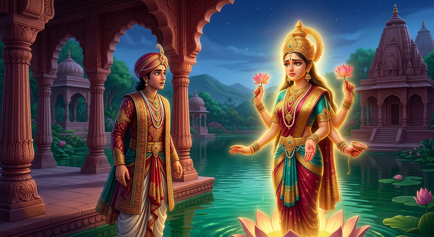 Veervara discovering a radiant weeping celestial golden woman Goddess Rajyalakshmi by the lake