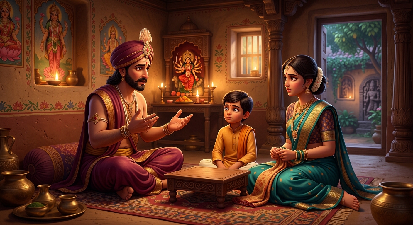 Veervara returning home explaining the prophecy to his wife Dharmavati and son Satyavara