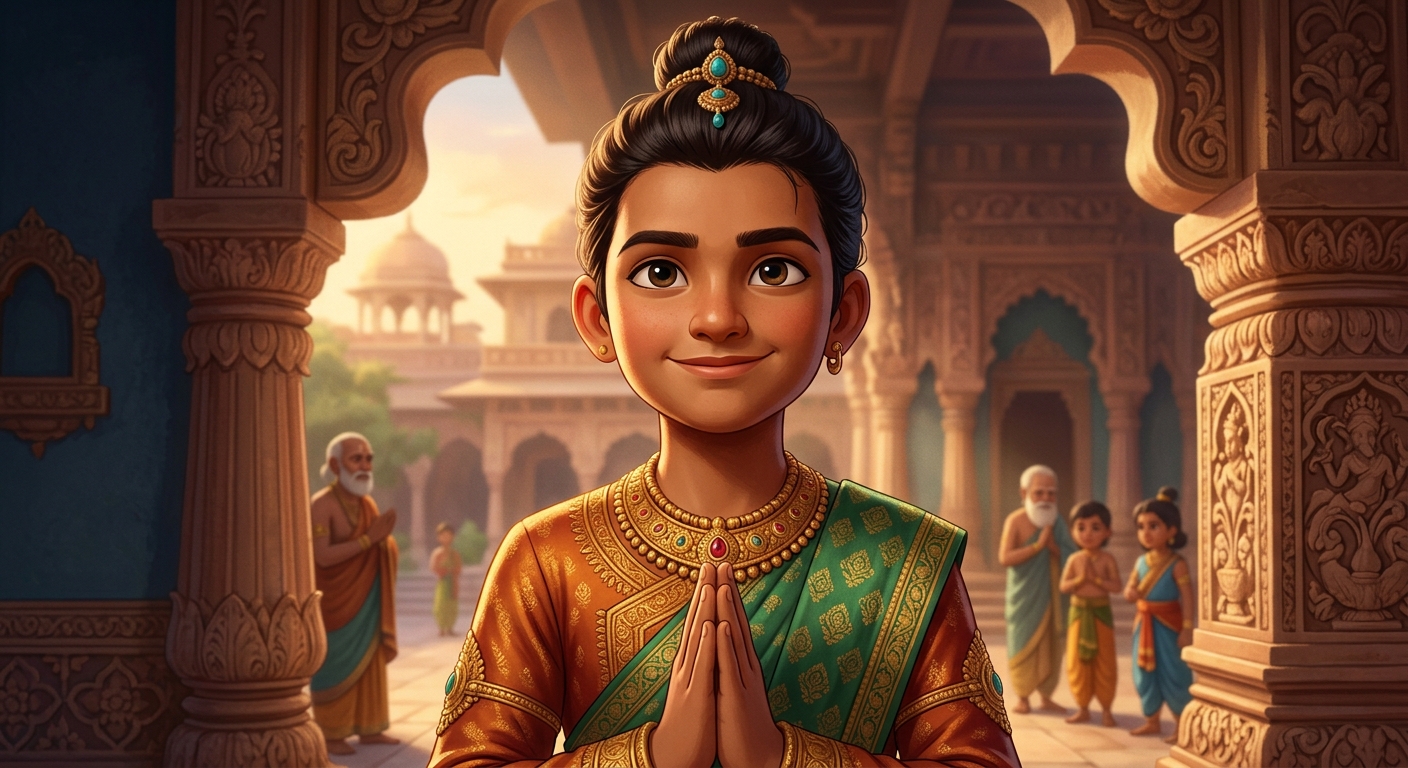 Brave boy Satyavara smiling proudly consenting to give his life for the King
