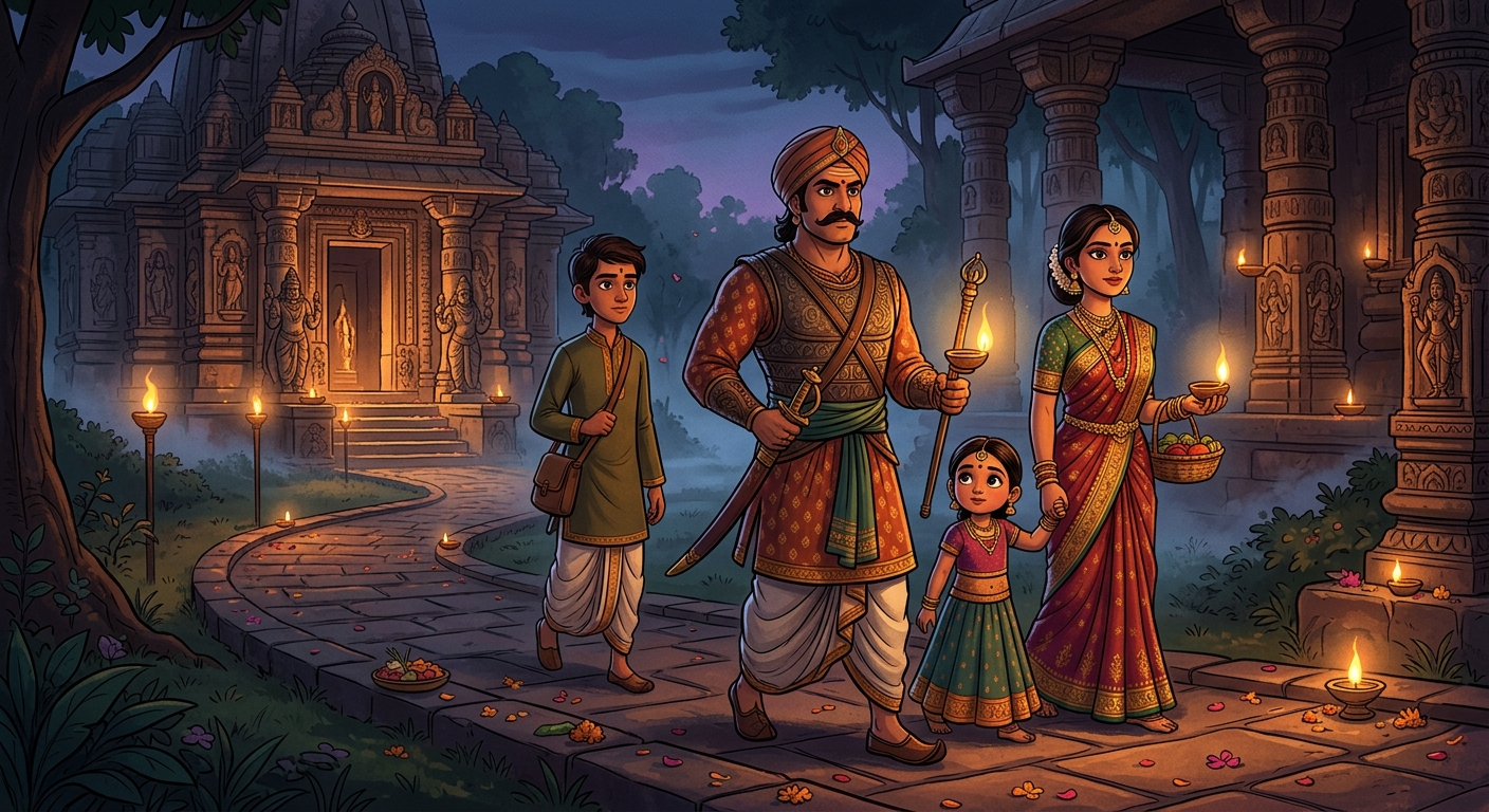 Veervara, his wife Dharmavati, son Satyavara, and daughter walking to Chandi's temple