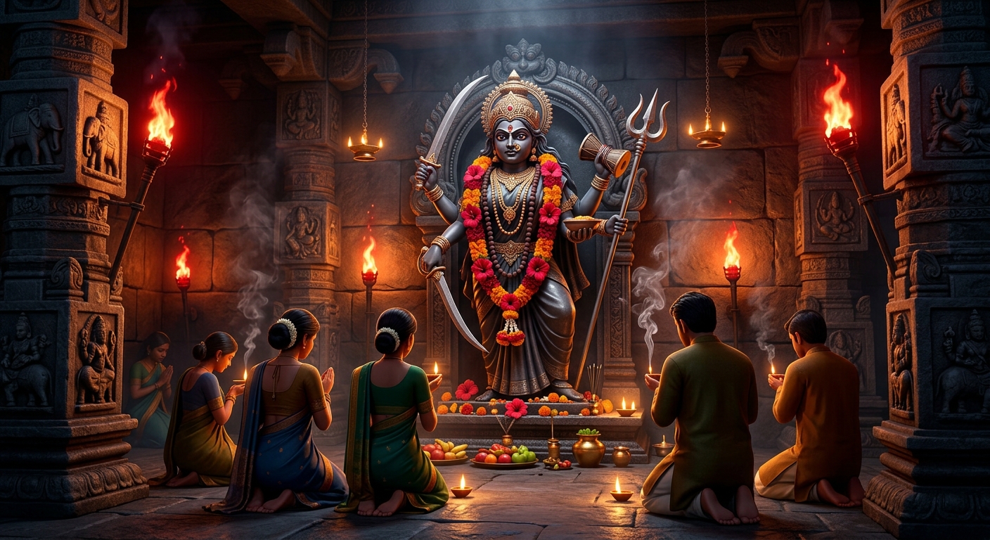 Mystic inner sanctum of Goddess Chandi illuminated by torches