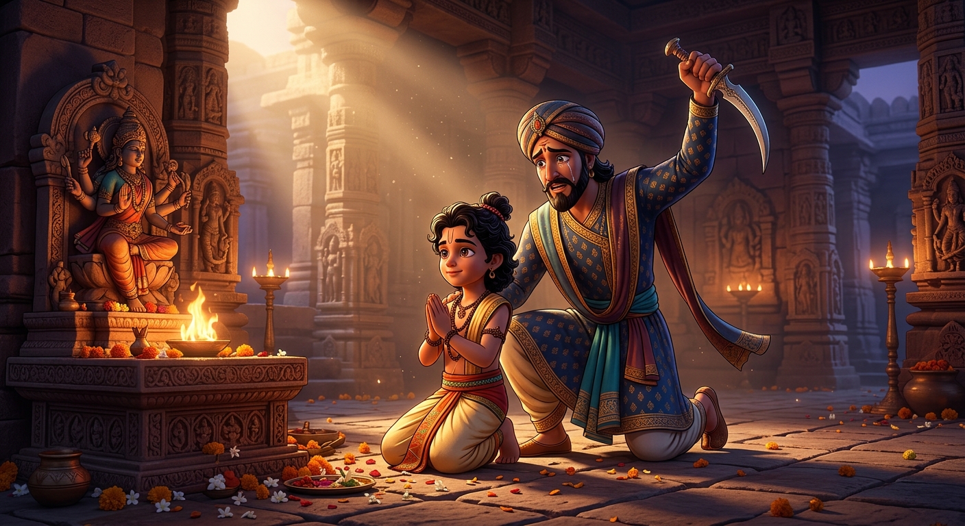 Veervara severing Satyavara's head before the altar in devotion for the King