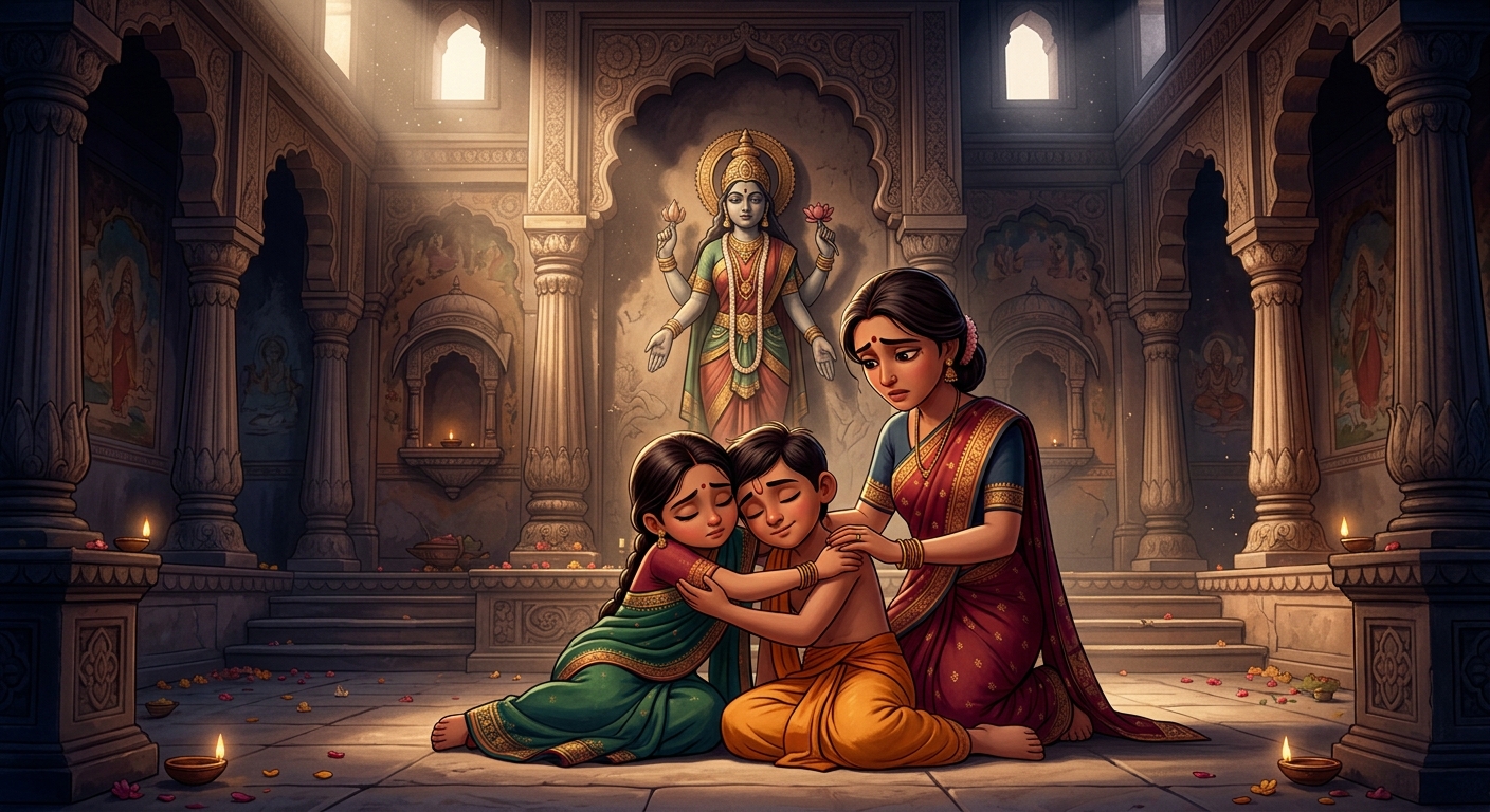 Mother Dharmavati and daughter collapsing in death and sacrifice beside the boy