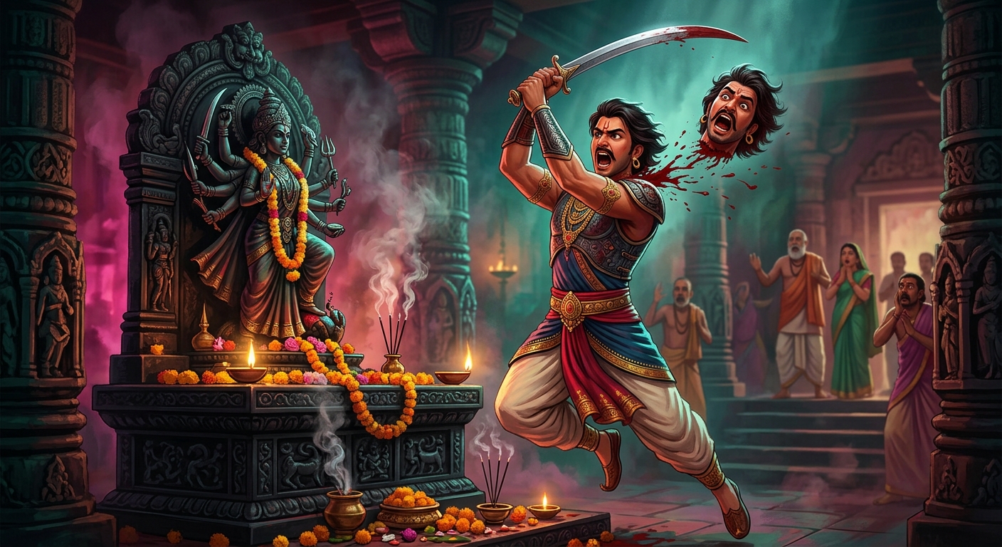 Veervara severing his own head with both hands before the altar of Goddess Chandi