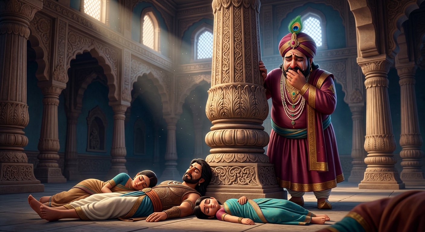 King Shudraka emerging from behind the pillar weeping uncontrollably