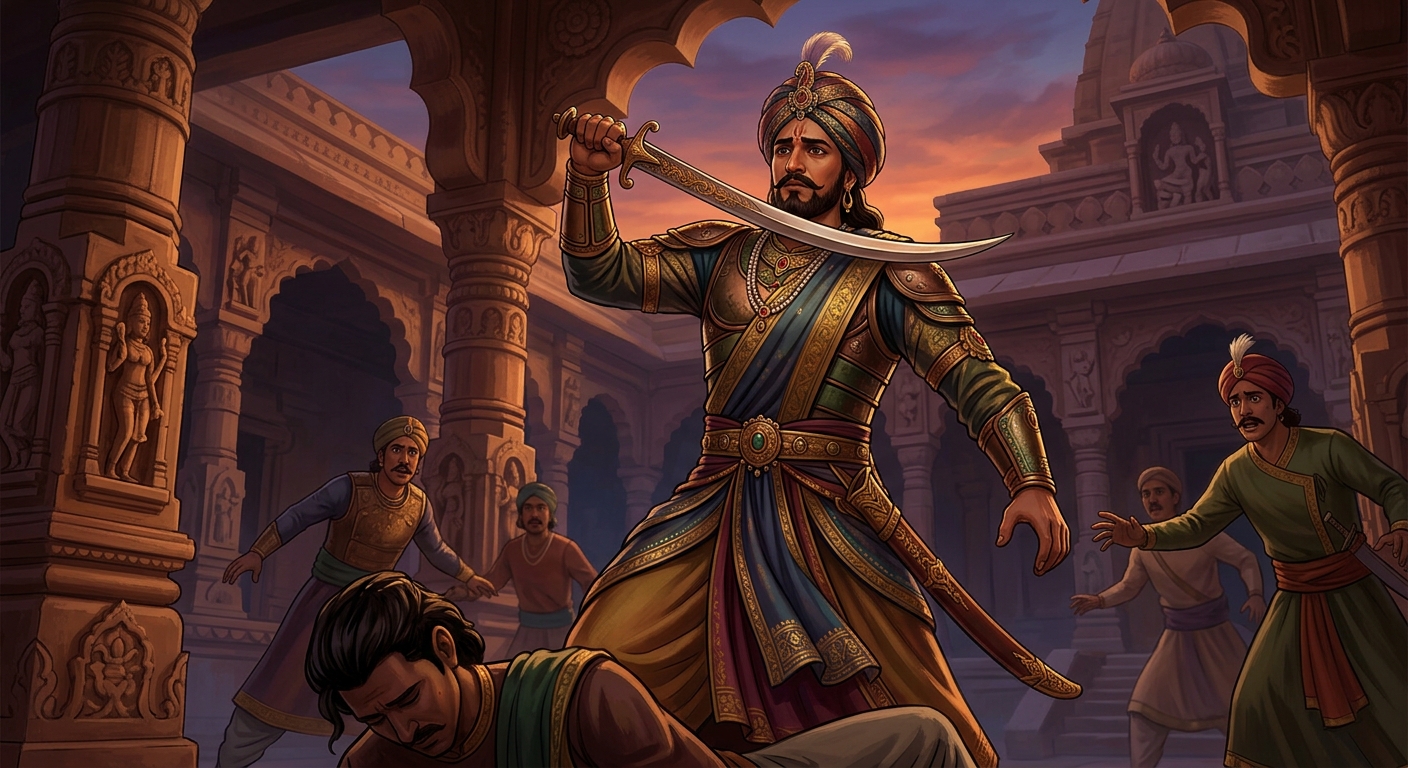 King Shudraka raising his sword to his own throat to die for his servant