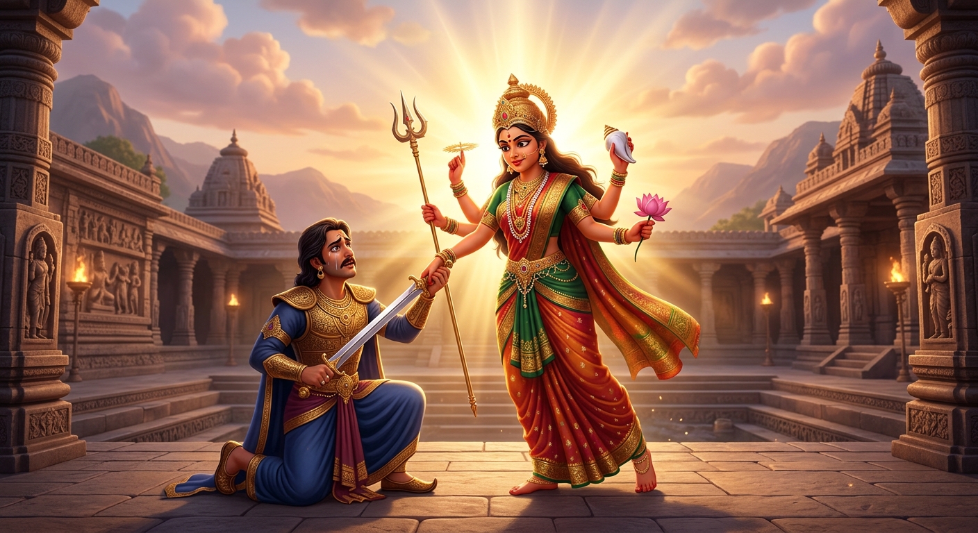 Goddess Chandi manifesting in four-armed golden glory grasping the King's blade