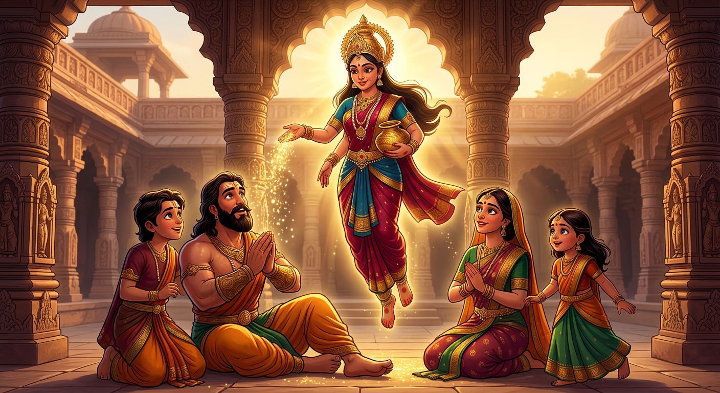 Goddess Chandi resurrecting Veervara, Dharmavati, Satyavara, and daughter with divine nectar