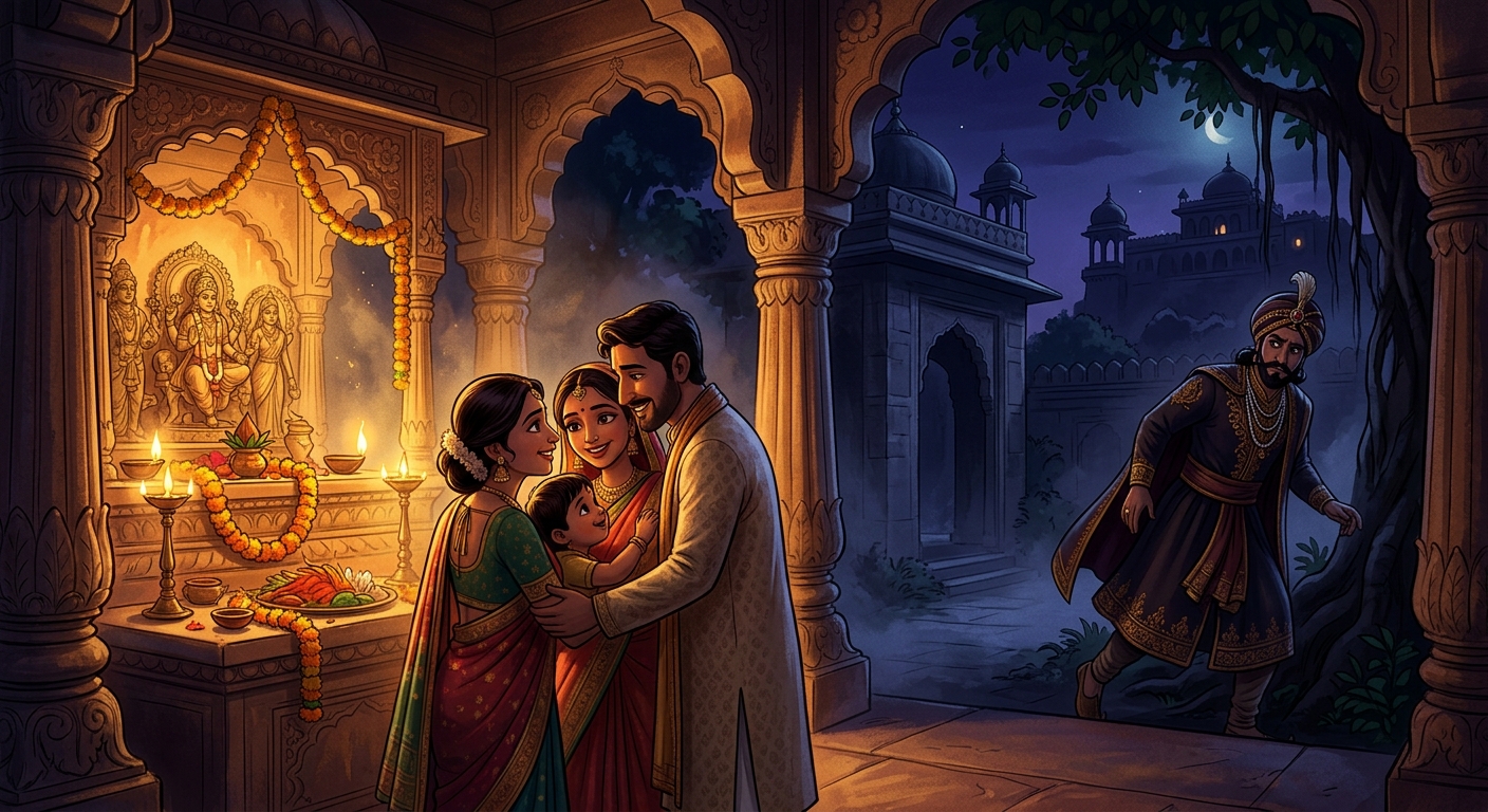 King Shudraka quietly slipping away into the night shadows back to the palace