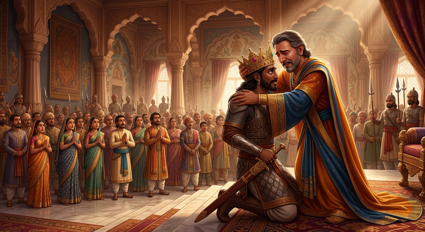 King Shudraka weeping in court embracing Veervara and crowning him King of Malwa