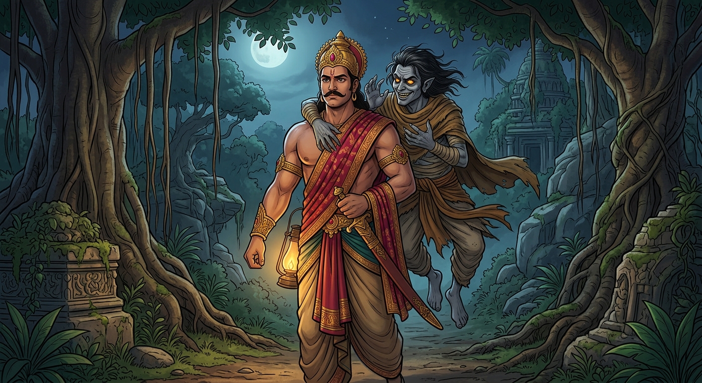 In the midnight forest Betal whisper-challenging King Vikramaditya on the greatest sacrifice