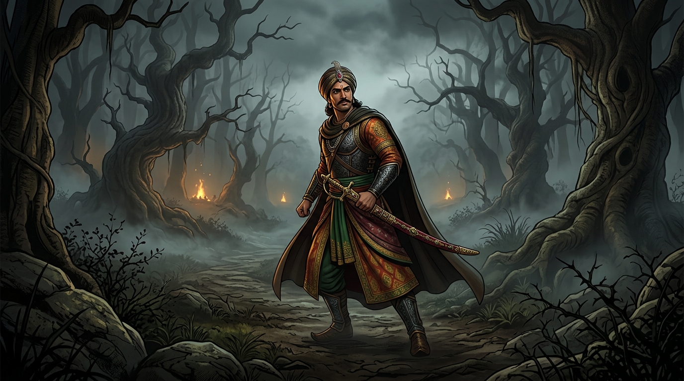 King Vikramaditya standing resolute in the dark moonless Amavasya jungle turning back to retrieve Betal