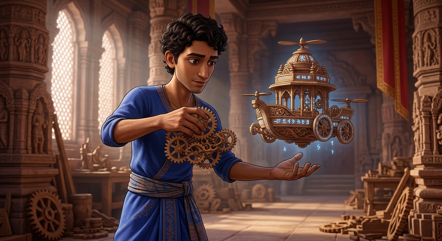 The 1st prodigy demonstrating his mechanical flying wooden aerial chariot vimana