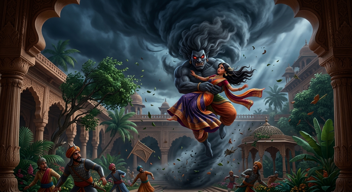 The dark demon Dhoomrasikha seizing Somaprabha in a whirlwind storm cloud