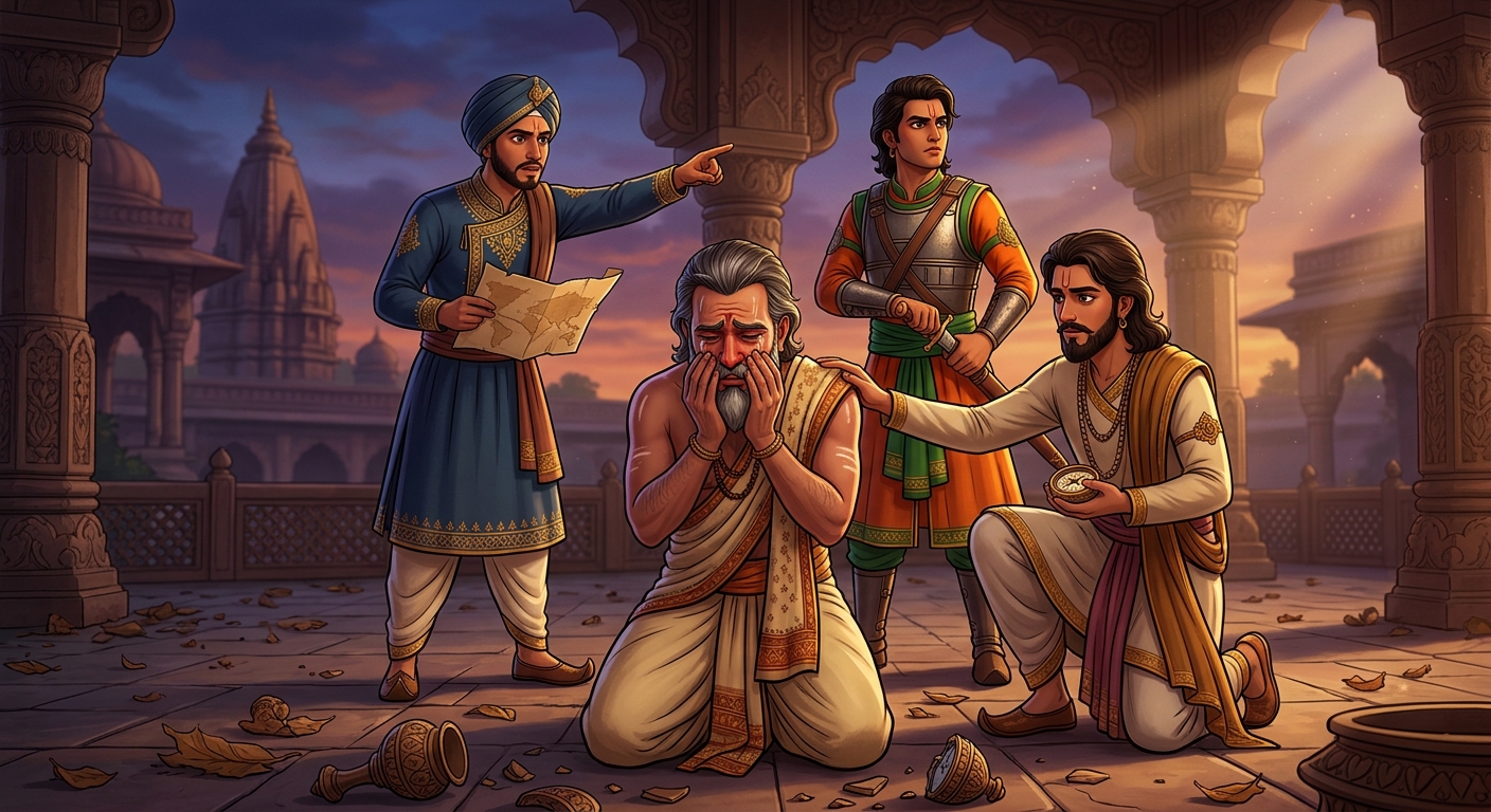 Hariswami weeping in anguish on the palace terrace surrounded by the three suitors