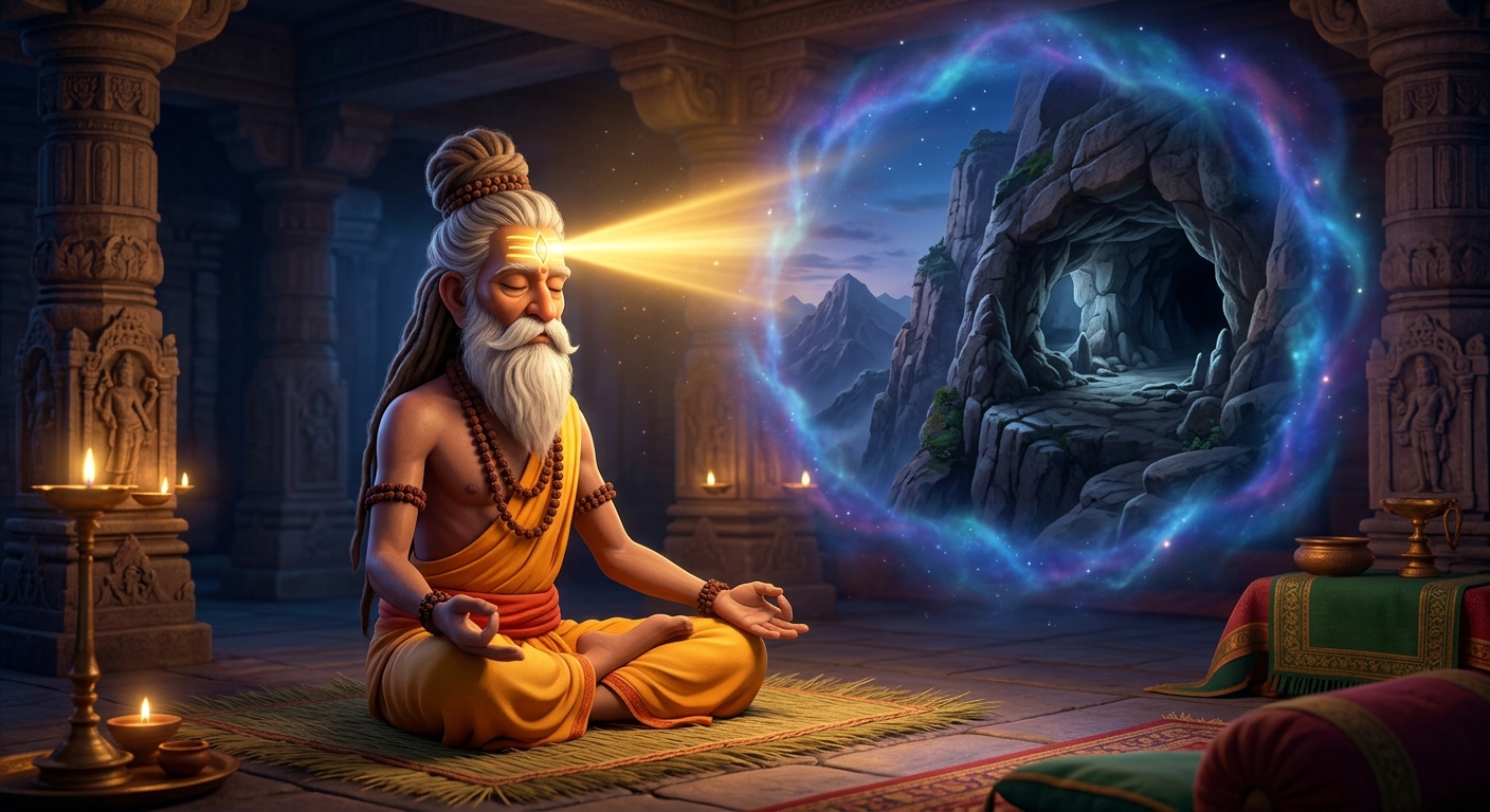 The Seer in deep meditation revealing the demon's cavern on Mount Vindhya