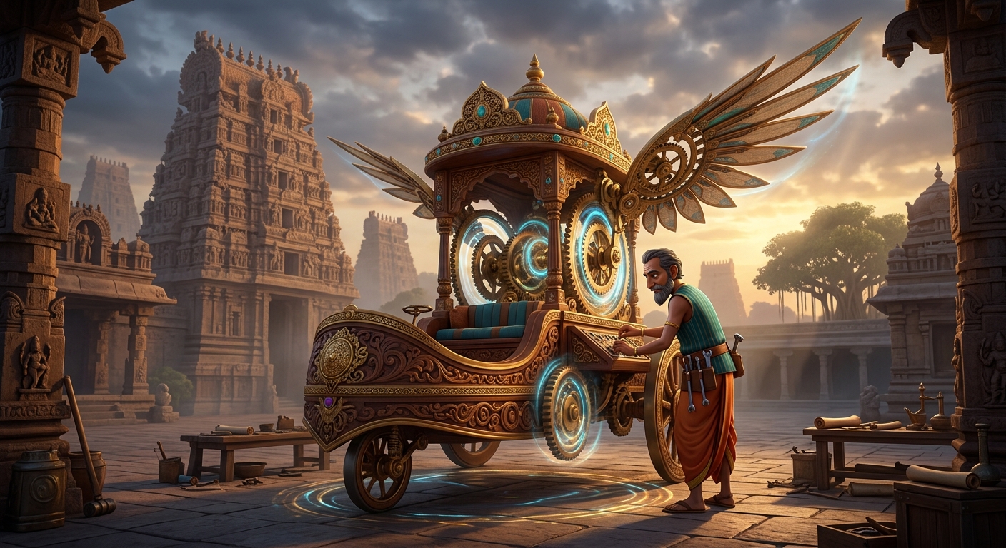The Mechanist readying the winged wooden aerial chariot Vimana