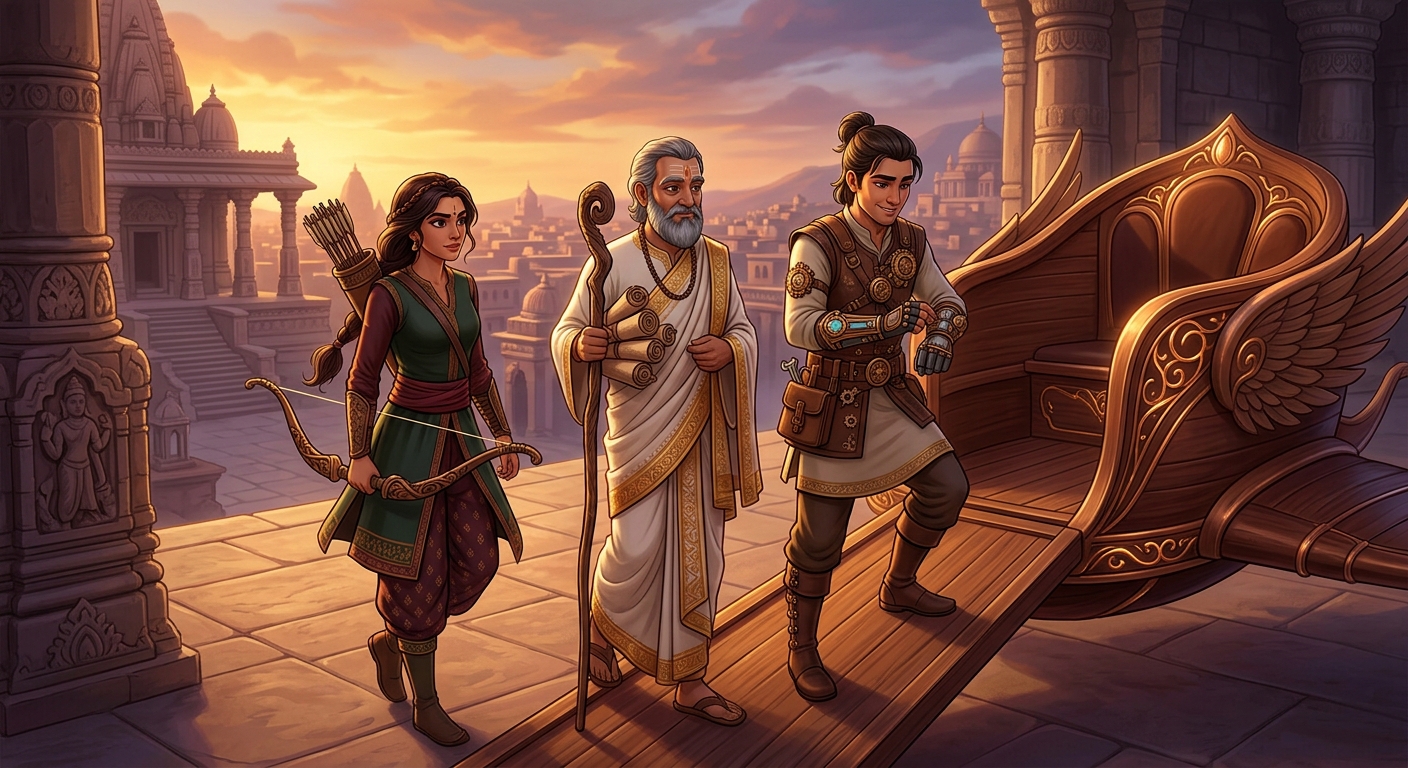 The three suitors boarding the flying chariot in united resolve