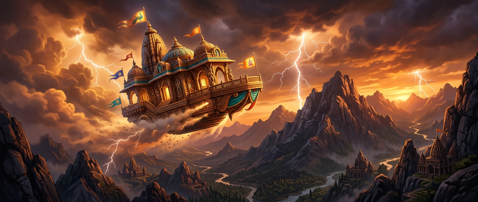 The magical wooden Vimana soaring across lightning storm clouds above mountain ridges