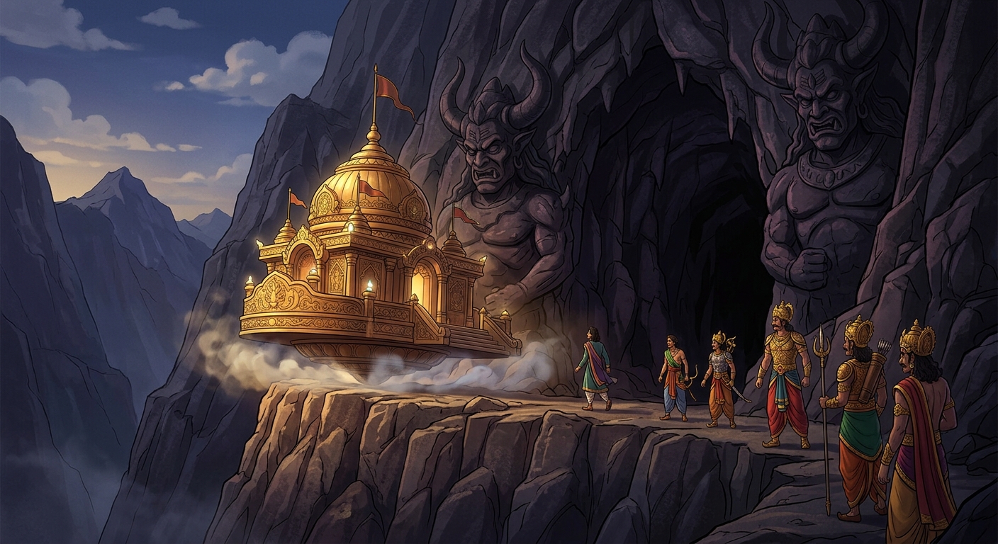 Landing on the precipitous crags outside Dhoomrasikha's cavern