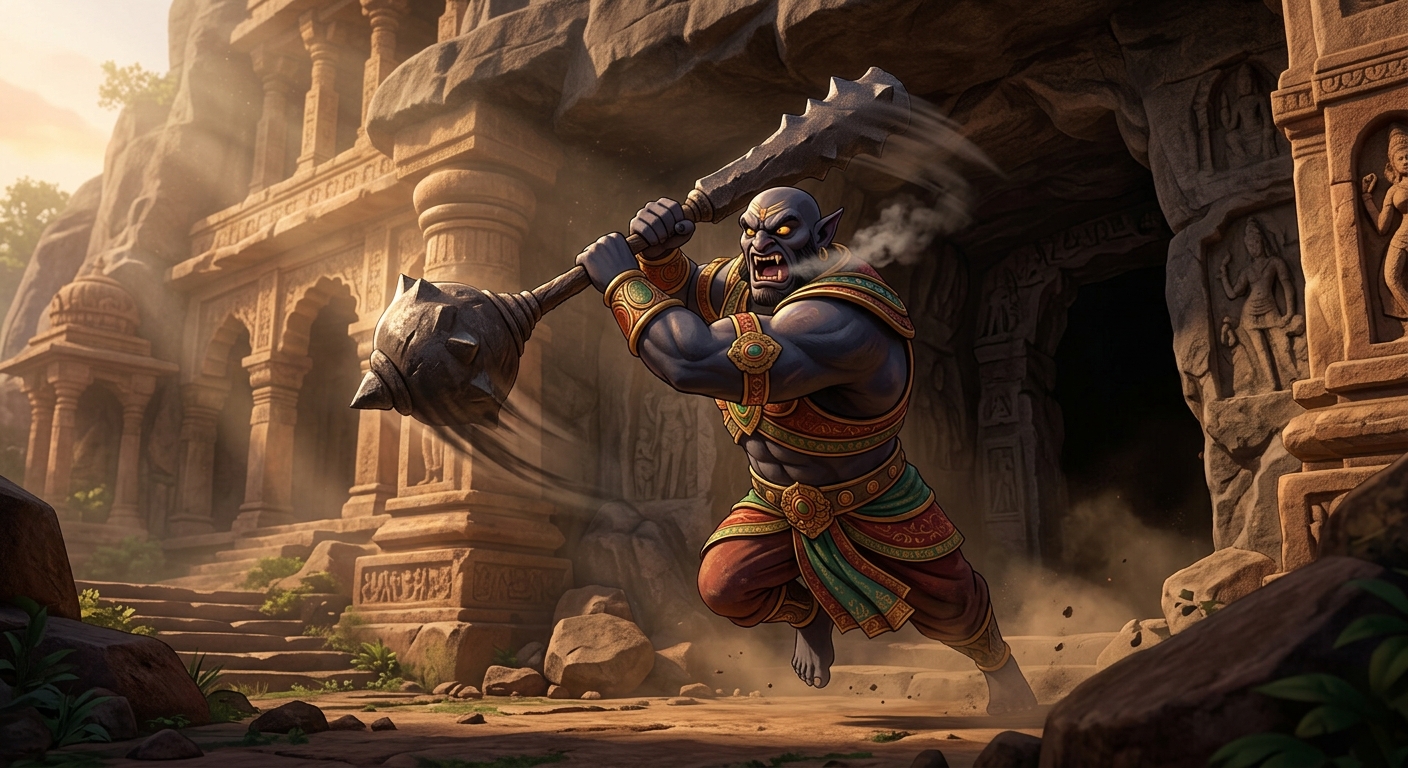 Demon Dhoomrasikha charging out with his colossal iron mace
