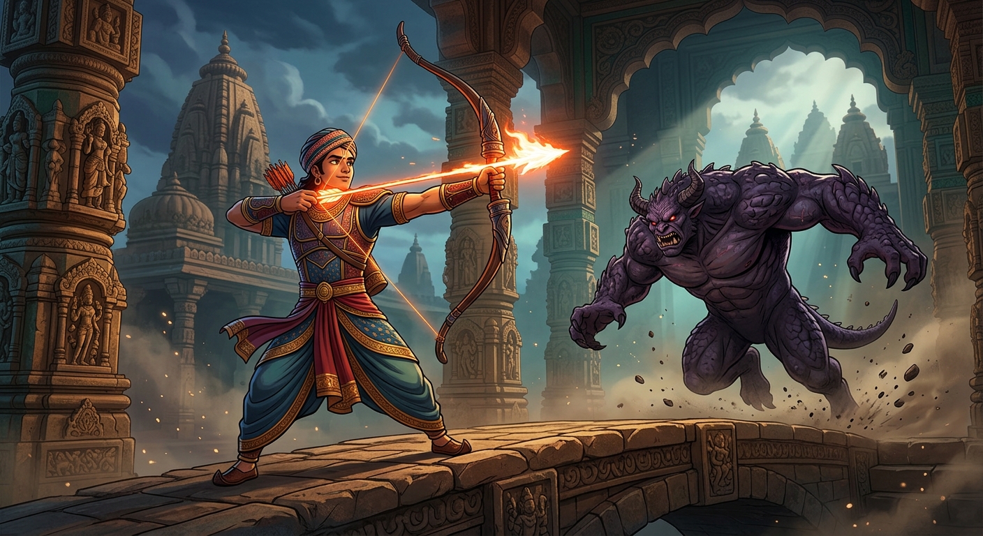 The Archer standing his ground fearlessly in mortal combat aiming a flaming celestial arrow