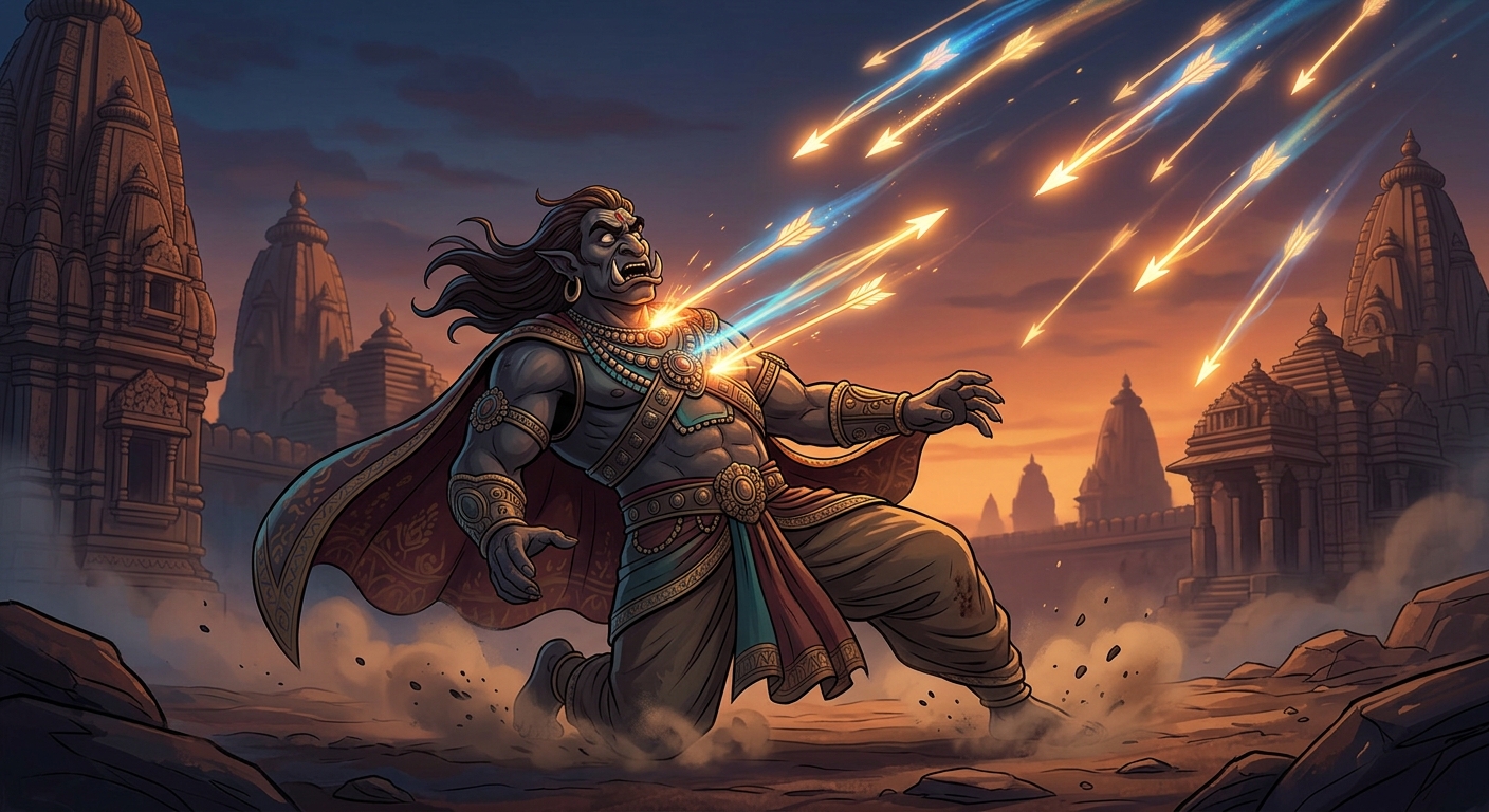 A volley of blazing celestial arrows piercing the demon as he collapses in blood