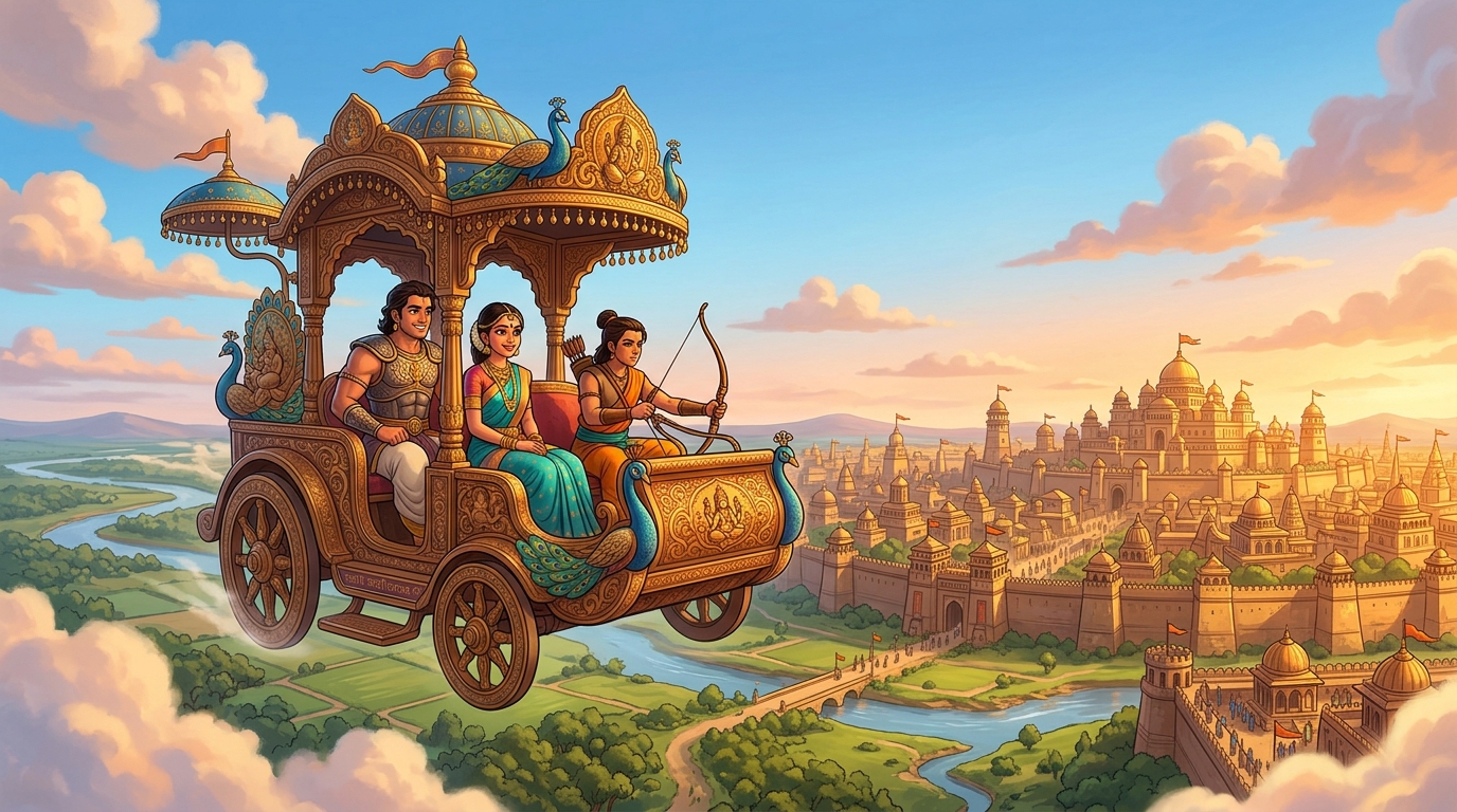 The triumphant flight back to Pataliputra in the aerial chariot with Somaprabha smiling in relief