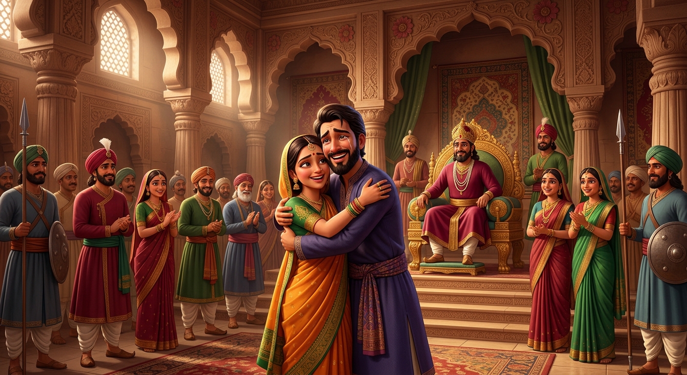 Grand interior royal court of Pataliputra where Hariswami embraces his daughter in tears