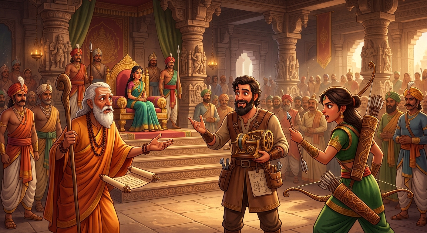 The three suitors passionately presenting their conflicting claims before the royal court