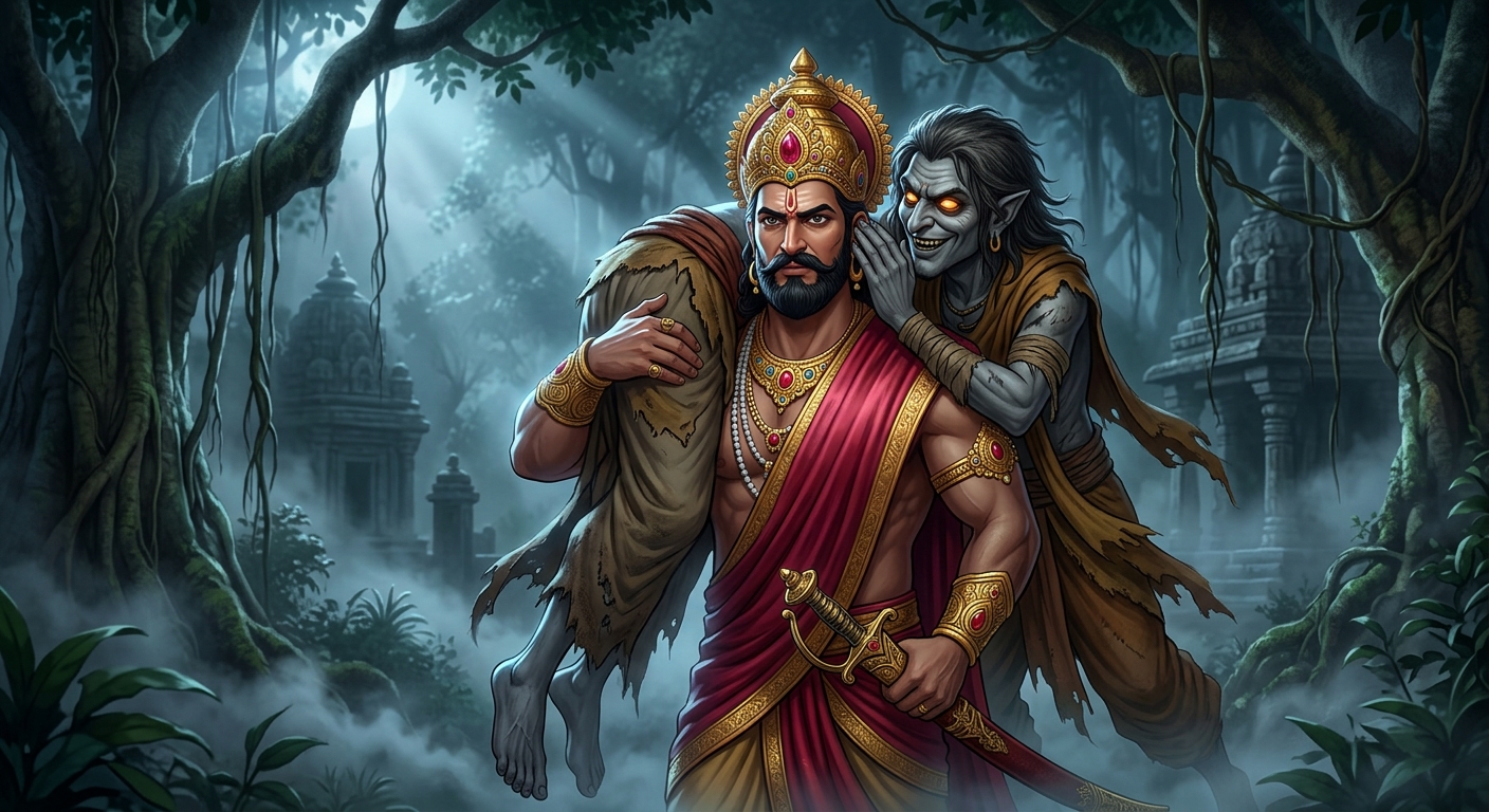 In the dark midnight jungle Betal whisper-hissing directly into Vikramaditya's ear