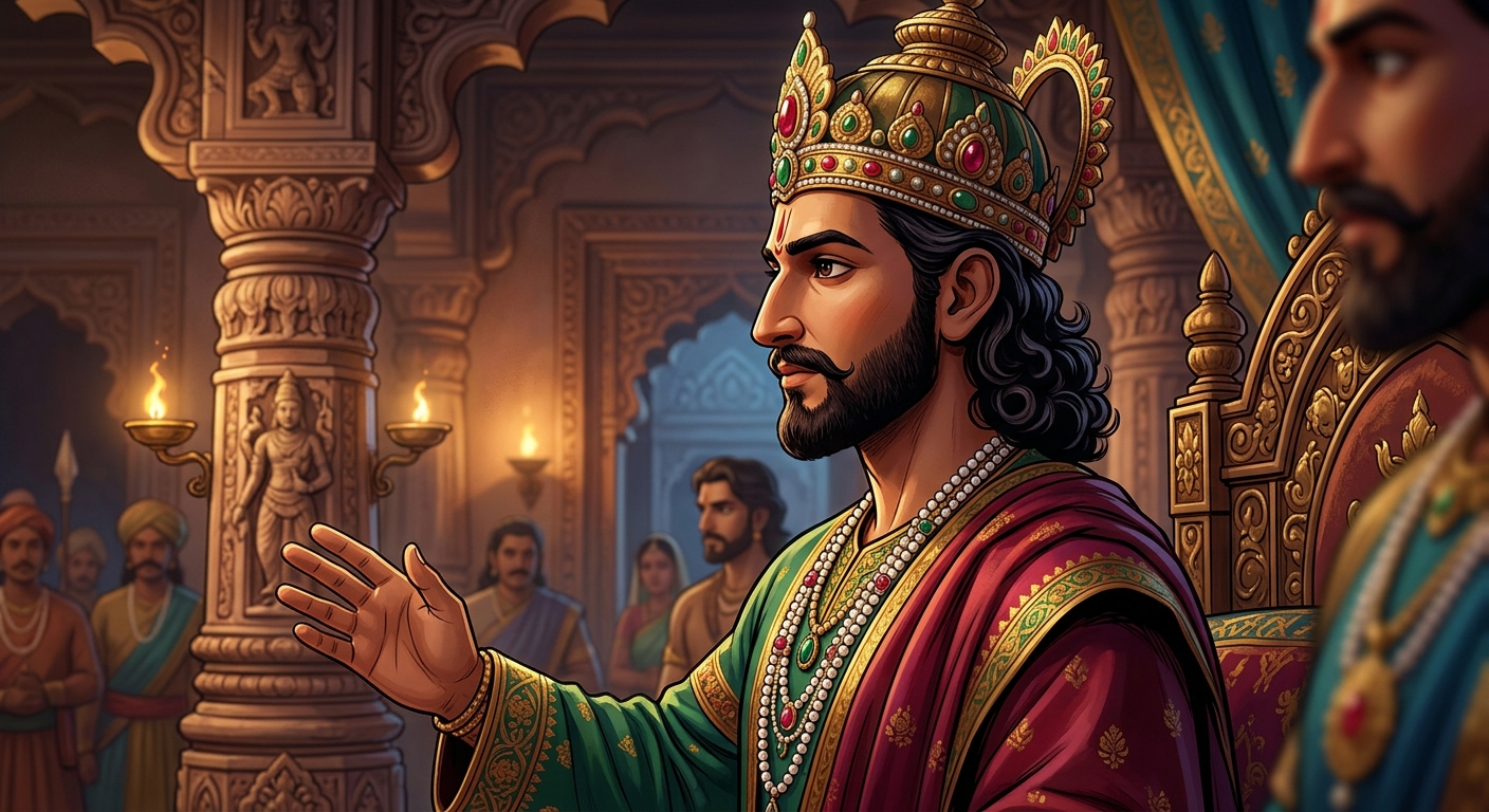 King Vikramaditya delivering his verdict declaring the warrior archer the rightful husband