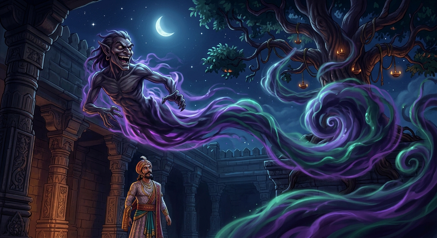Betal laughing wickedly as he dissolves into smoke soaring back to the Shinshapa tree