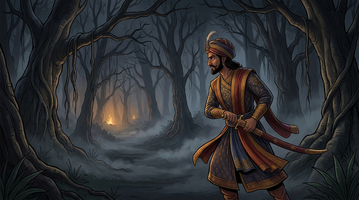 King Vikramaditya standing resolute in the dark moonless Amavasya jungle turning back to retrieve Betal