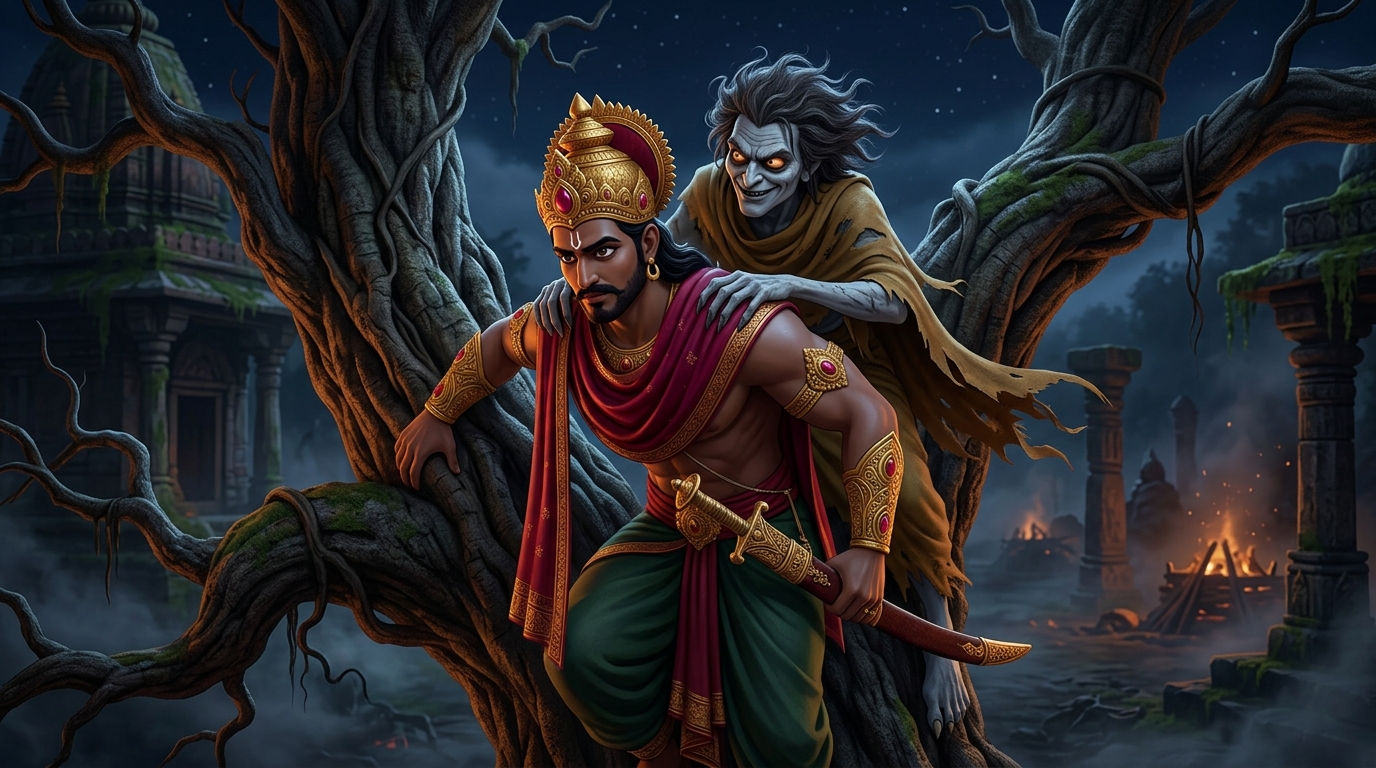 King Vikramaditya climbing down the gnarled Shinshapa tree carrying Betal on his back