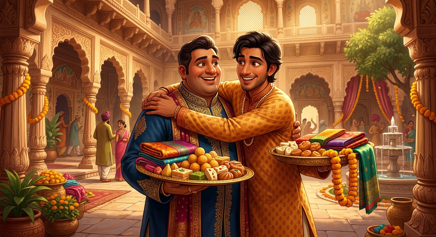 Shreedhara arriving with festive trays to invite Dhavala and Madanasundari