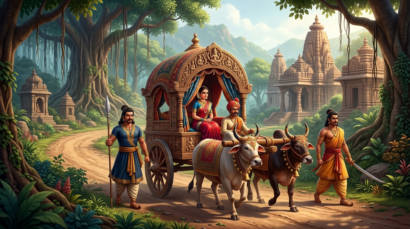 The party traveling by covered cart through scenic ancient forest road