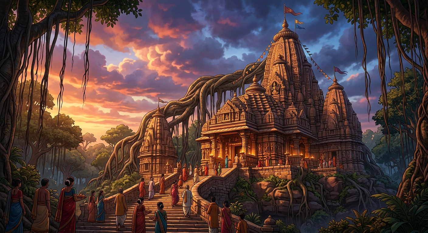 Sighting the ancient stone temple of Goddess Gauri enfolded in sprawling banyan roots