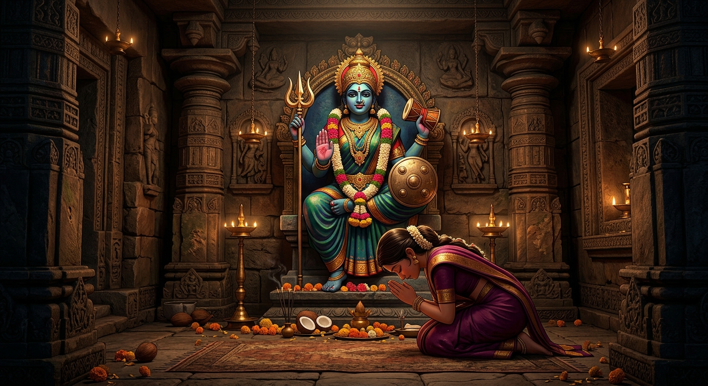 Dhavala standing alone inside the lamp-lit basalt inner sanctum bowing before Goddess Gauri