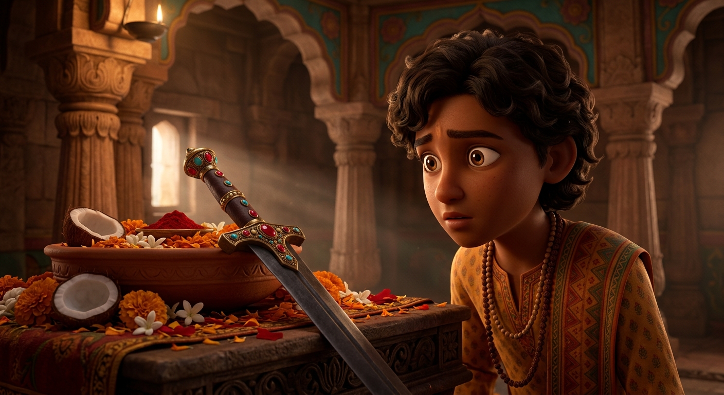 Dhavala gazing at the heavy ceremonial sacrifice sword on the temple altar