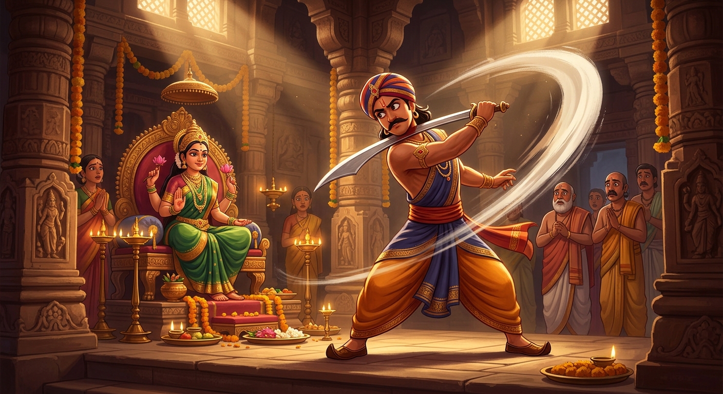 Dhavala swinging the heavy sacrificial sword severing his own neck before Goddess Gauri