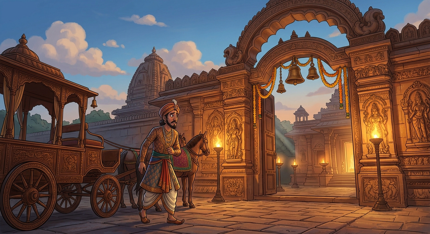Shreedhara pacing anxiously outside before stepping into the temple