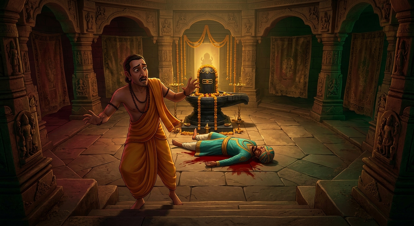 Shreedhara recoiling in utter horror discovering Dhavala's headless body in pools of blood