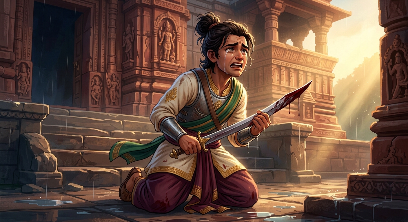 Shreedhara kneeling with the bloody sword in tears terrified of disgrace and grief