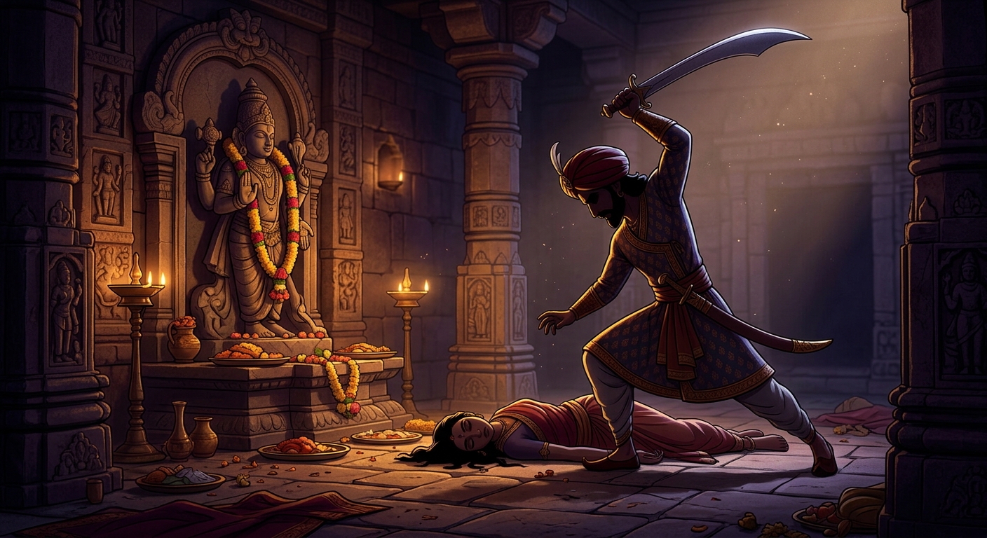 Shreedhara severing his own neck falling beside Dhavala before the altar