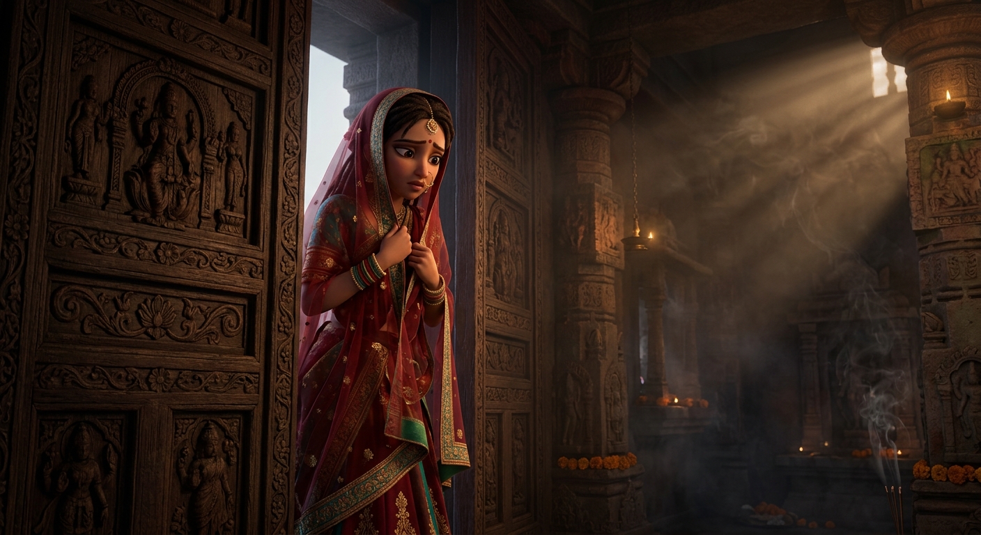Madanasundari stepping into the dim incense-filled sanctum clutching her veil in dread