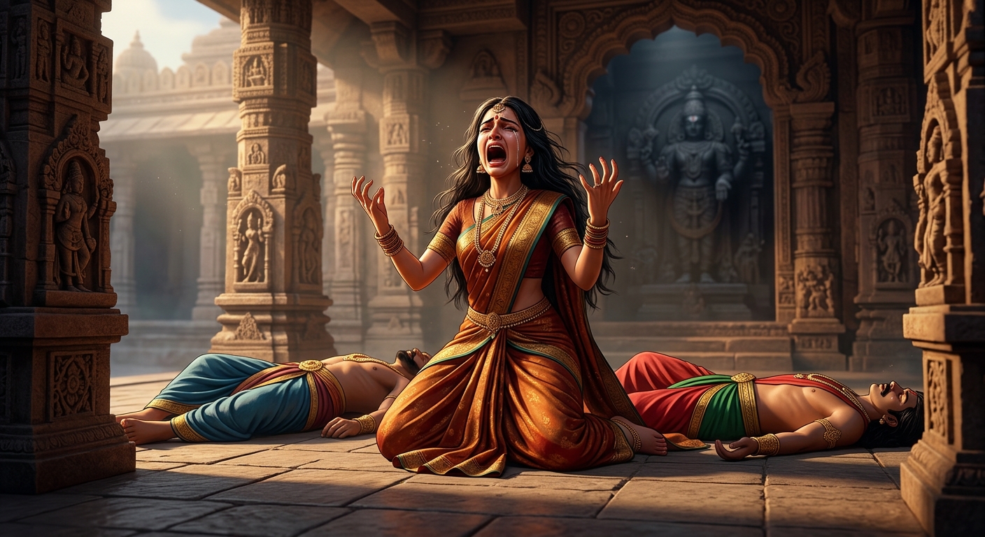 Madanasundari collapsing between the two decapitated corpses in agonizing tears